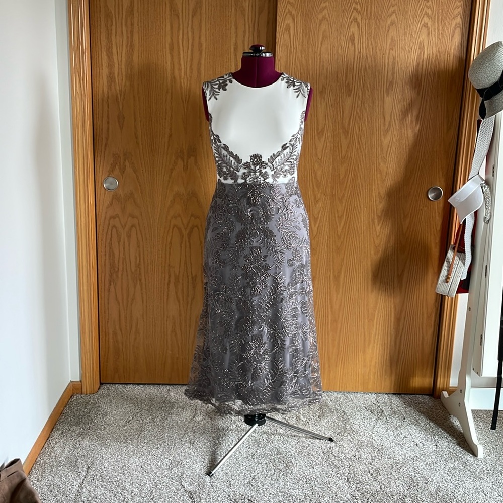 TADASHI SHOJI Formal Gown Gray Metallic Lace Overlay Size 12P